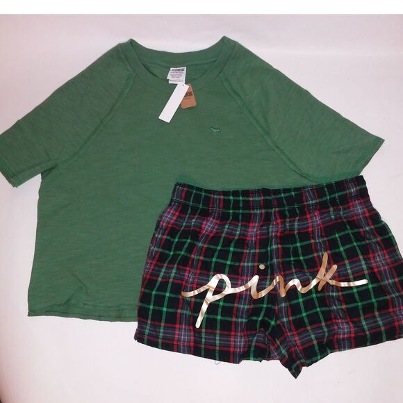 Victoria Secret PINK Pajama Set Short Sleeve & Shorts XS Green Black Red Logo Pl - Picture 9 of 13